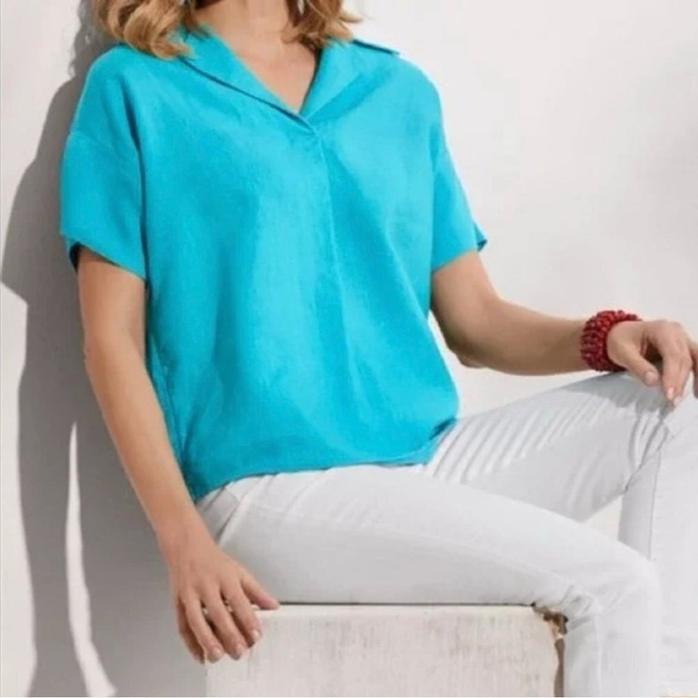 Soft Surroundings Hi-Pointe 100% Linen Button-Back Top Aruba Blue Size Large